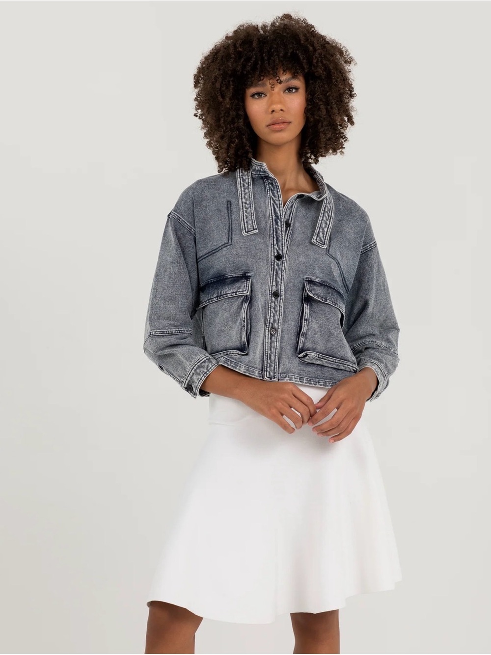 Washed Denim Cropped Utility Jacket - Women